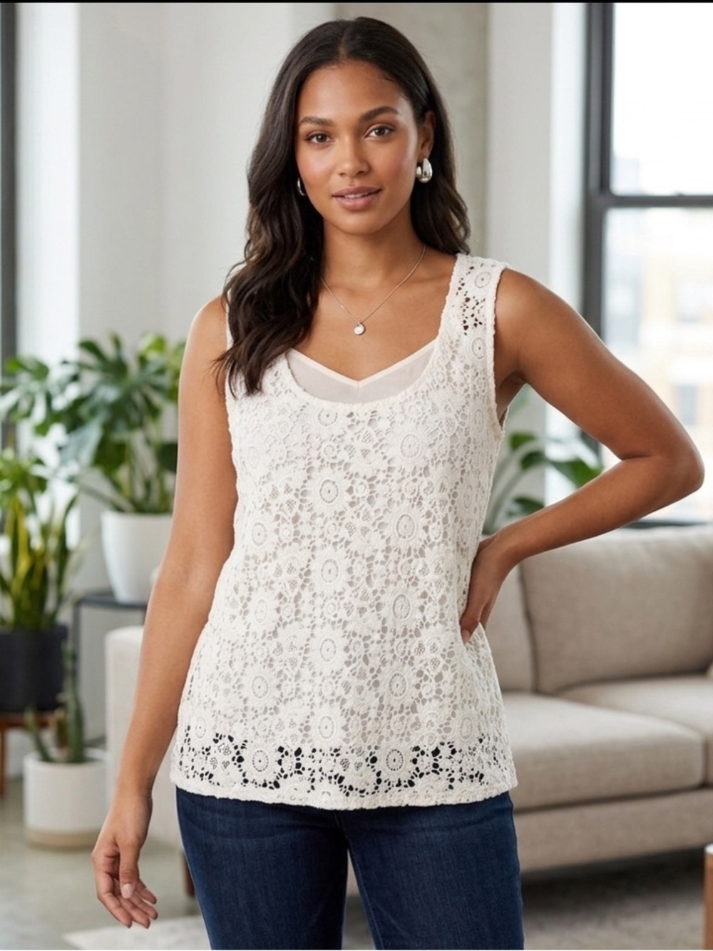 Beautiful Women's Cream Crochet Lace Tank Top with lining
